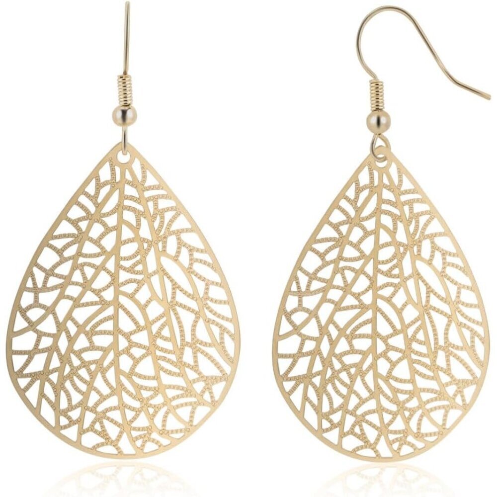 Teardrop Earrings for Women, 14K Plated Dangle Earrings Handmade Filigree Teardr
